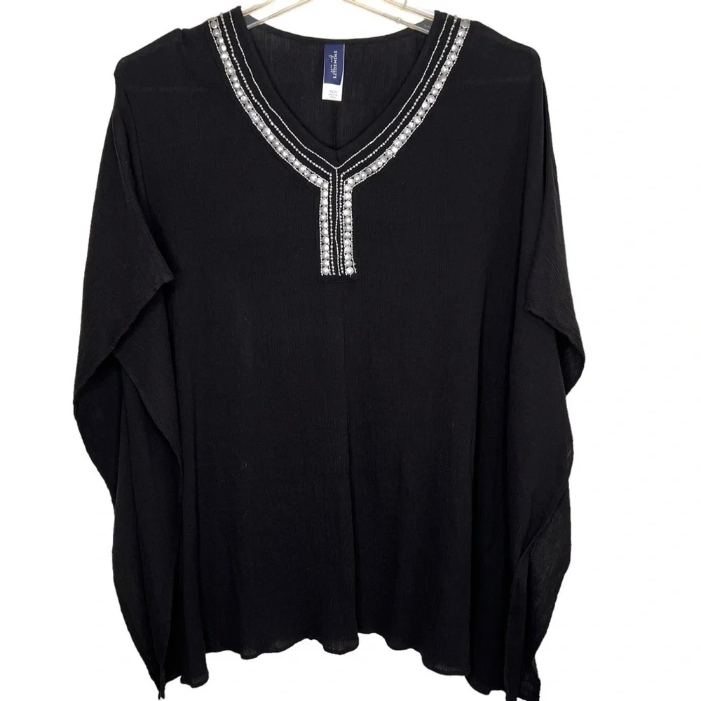Swimsuits For All Swim Cover Up Size 2X 18 20 Black Silver Jeweled V Neck Sheer - Picture 7 of 12